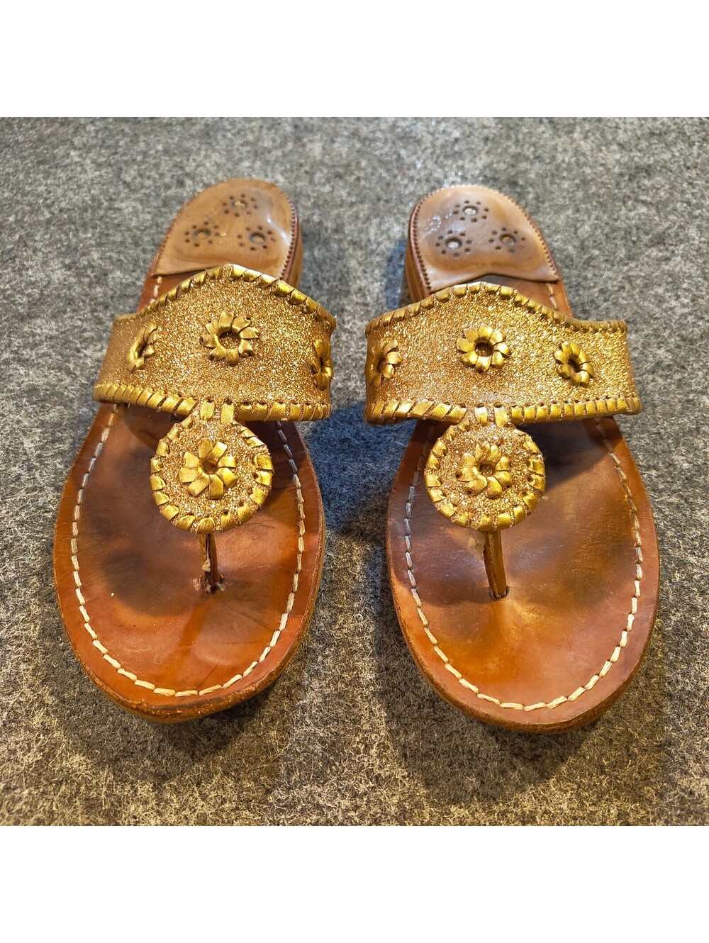 Jack Rogers 1960 Gold Sparkle Glitter Leather Sandals Size 9M Resort Wear